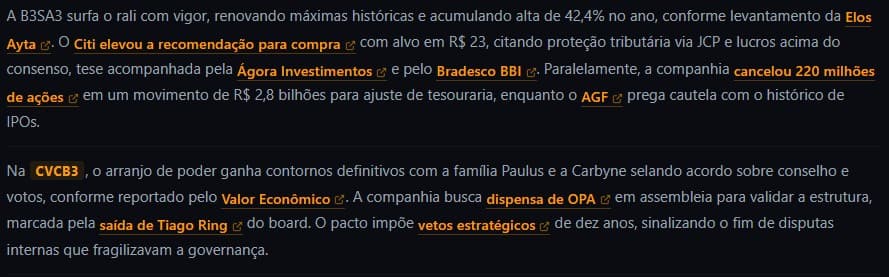 Briefing Sentinelus — exemplo desktop com carteira B3SA3 e CVCB3