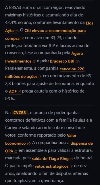 Briefing Sentinelus — exemplo mobile com carteira B3SA3 e CVCB3