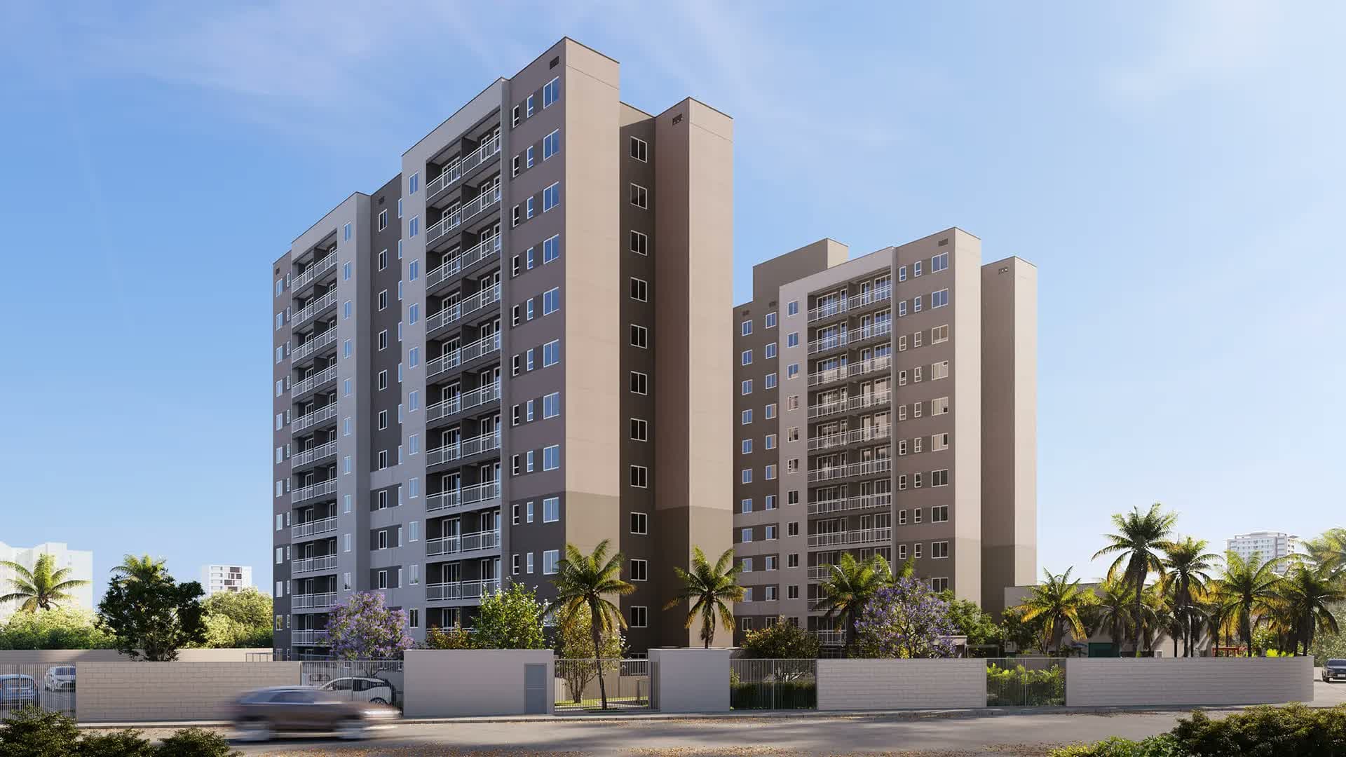 Perspectiva ilustrada da fachada de um condomínio com edifícios residenciais da Direcional sob céu azul.