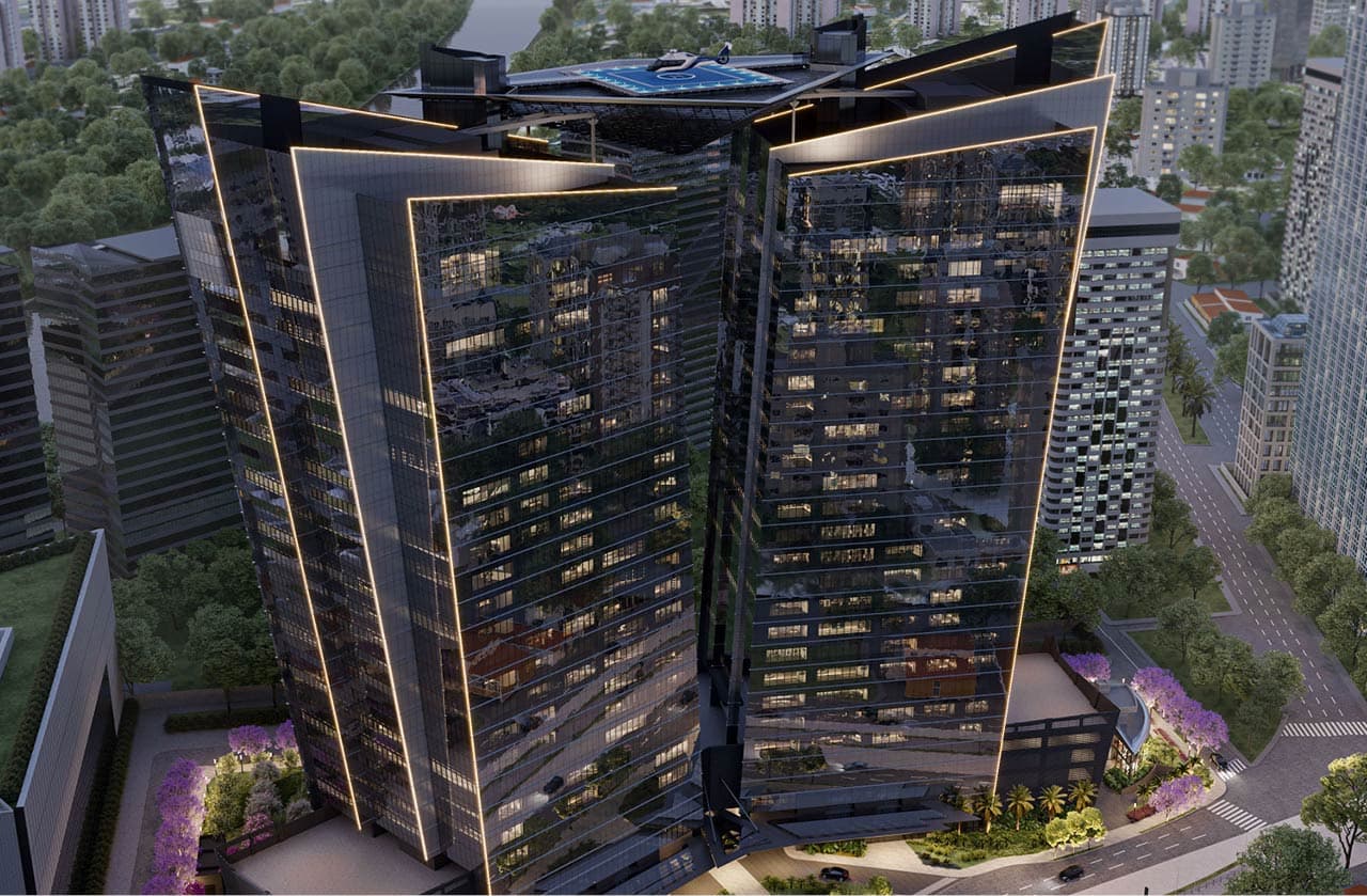 Projeto em renderização das torres comerciais espelhadas Esther Towers, da Eztec.