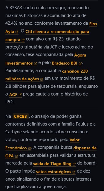 Briefing Sentinelus — exemplo mobile com carteira B3SA3 e CVCB3